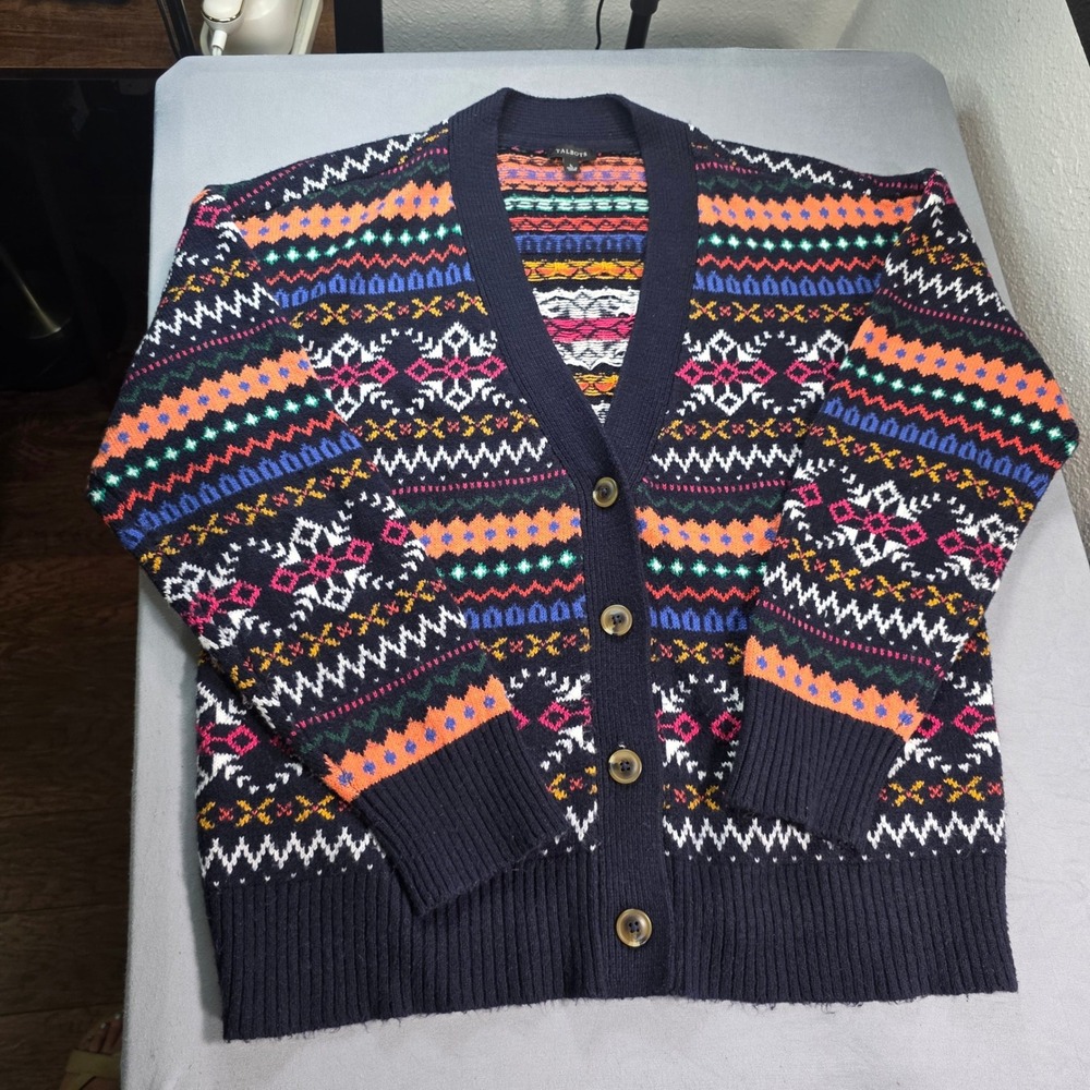 Talbots Womens Large Navy Fair Isle Cotton‎ Blend V-Neck Button Front Cardigan